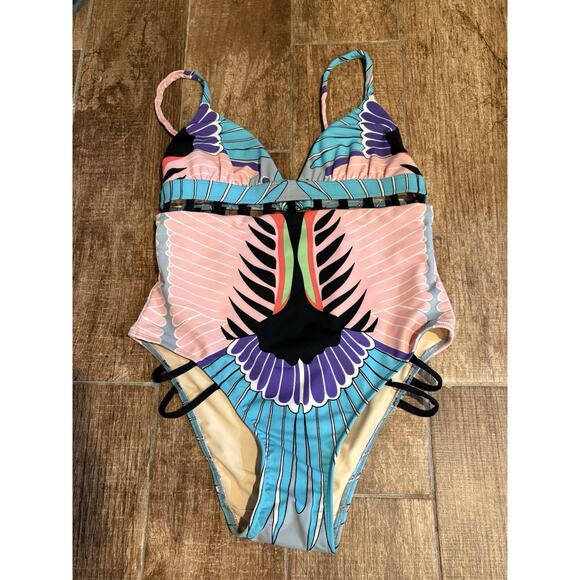 Mara Hoffman CAGE Multicolor One Piece Hi Leg Bathing Suit Size Large - Picture 1 of 10
